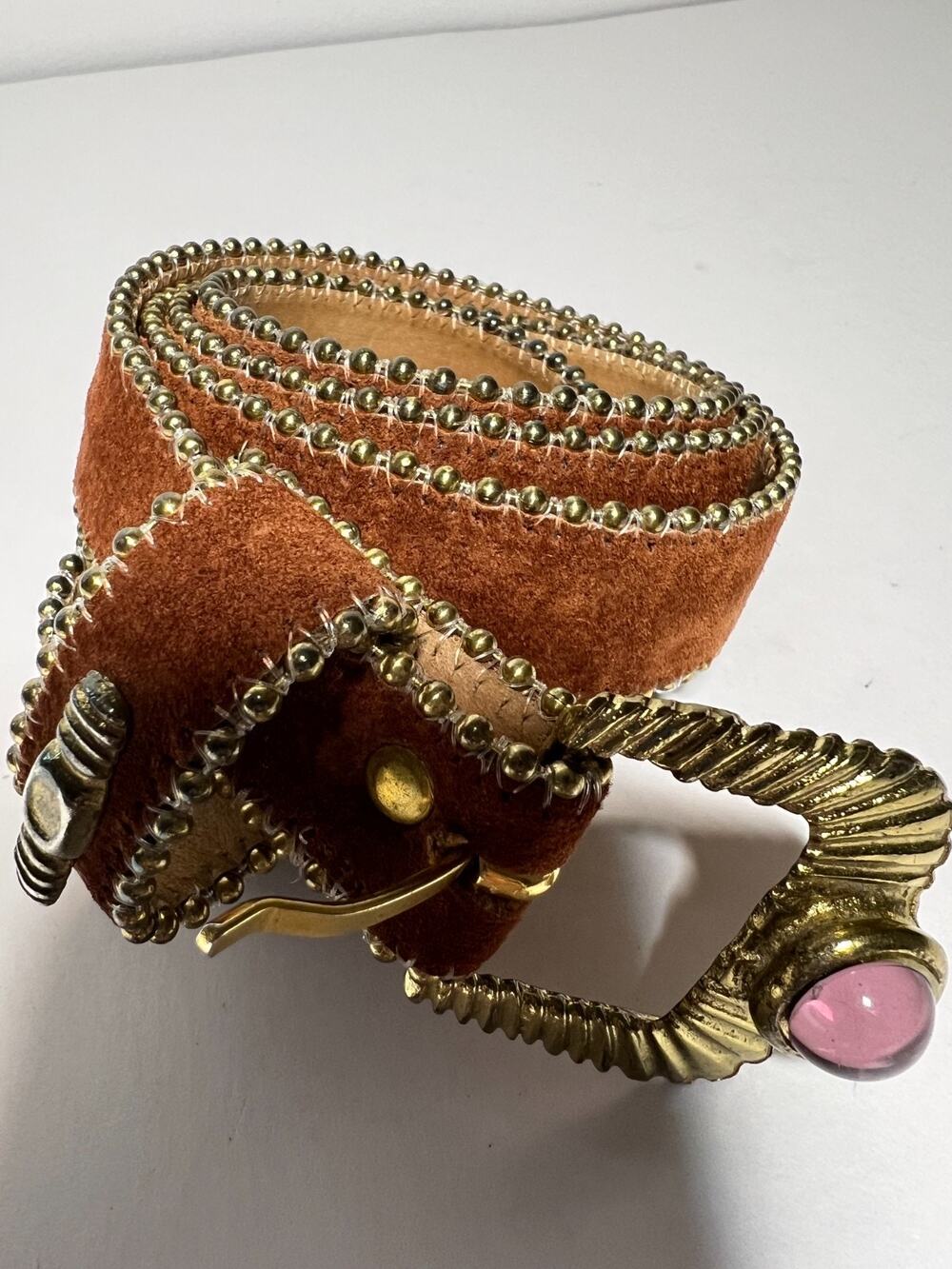 Leatherrock EUC 1" Wide Brown Suede Beaded Gold Buckle Purple Stone Belt XS